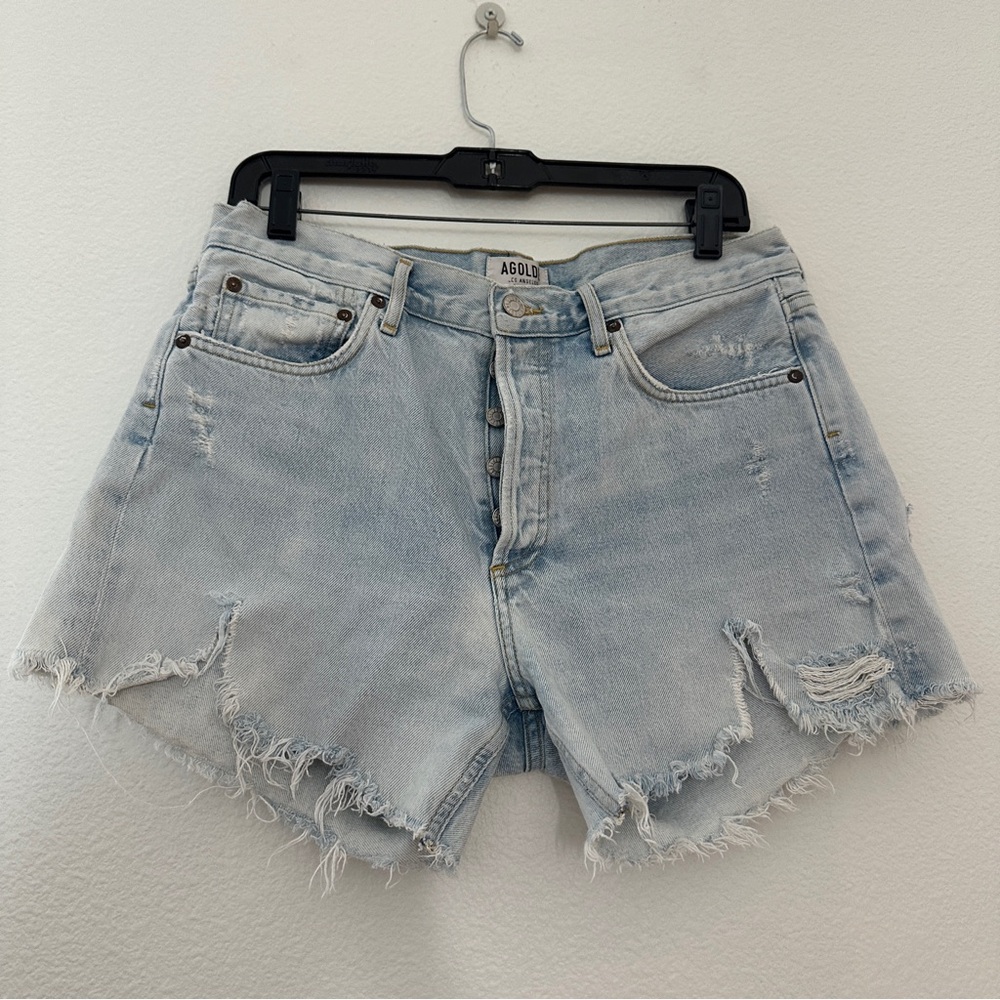 Agolde Faded Blue Frayed Jean Shorts